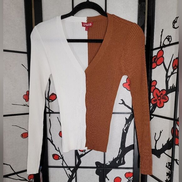 STAUD Colorblock Ribbed Contrast VNeck Sweater - White and Brown - Picture 1 of 10